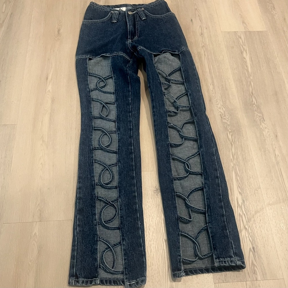 Aron Erez vintage denim cut out jeans size 2 dark wash rigid denim made in USA